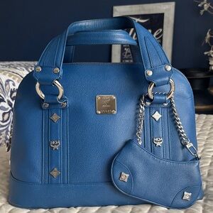 MCM Blue Pebbled Leather Satchel with Detachable Pouch